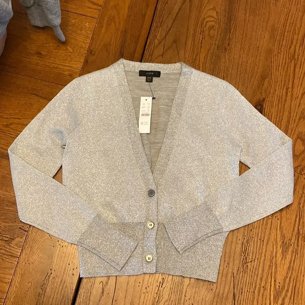 J. Crew womens XXS silver metallic merino wool 3 button cropped cardigan sweater